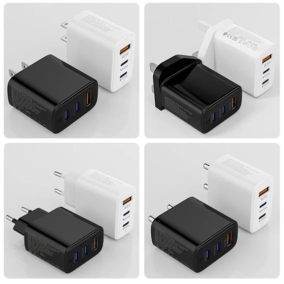 Multi-port USB charger collection — US, UK, and EU plug variants in black and white