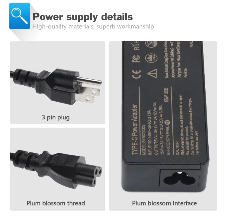 Power supply details — 3-pin plug, plum blossom thread and interface