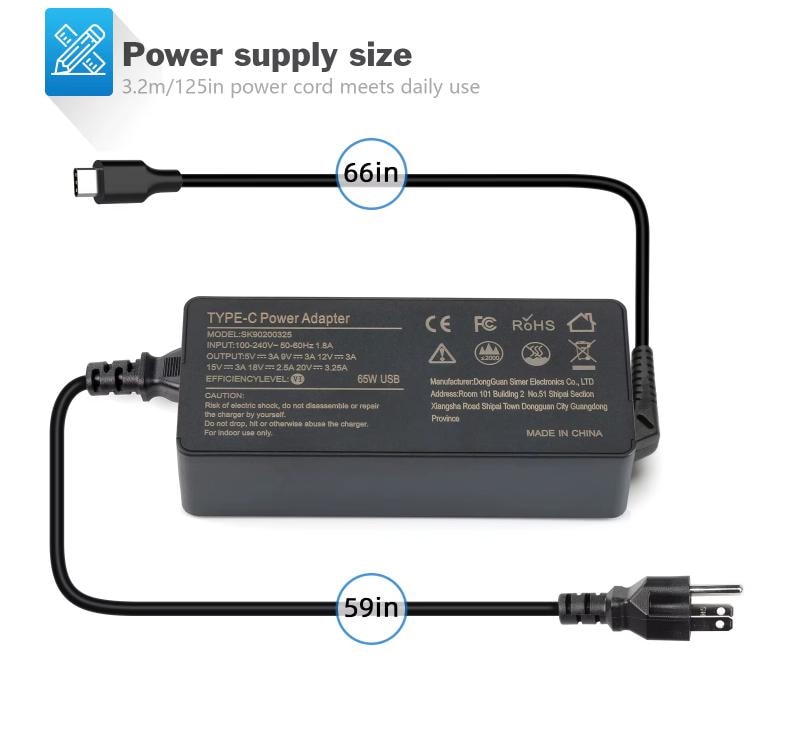 Power supply size — 3.2m / 125 inch power cord